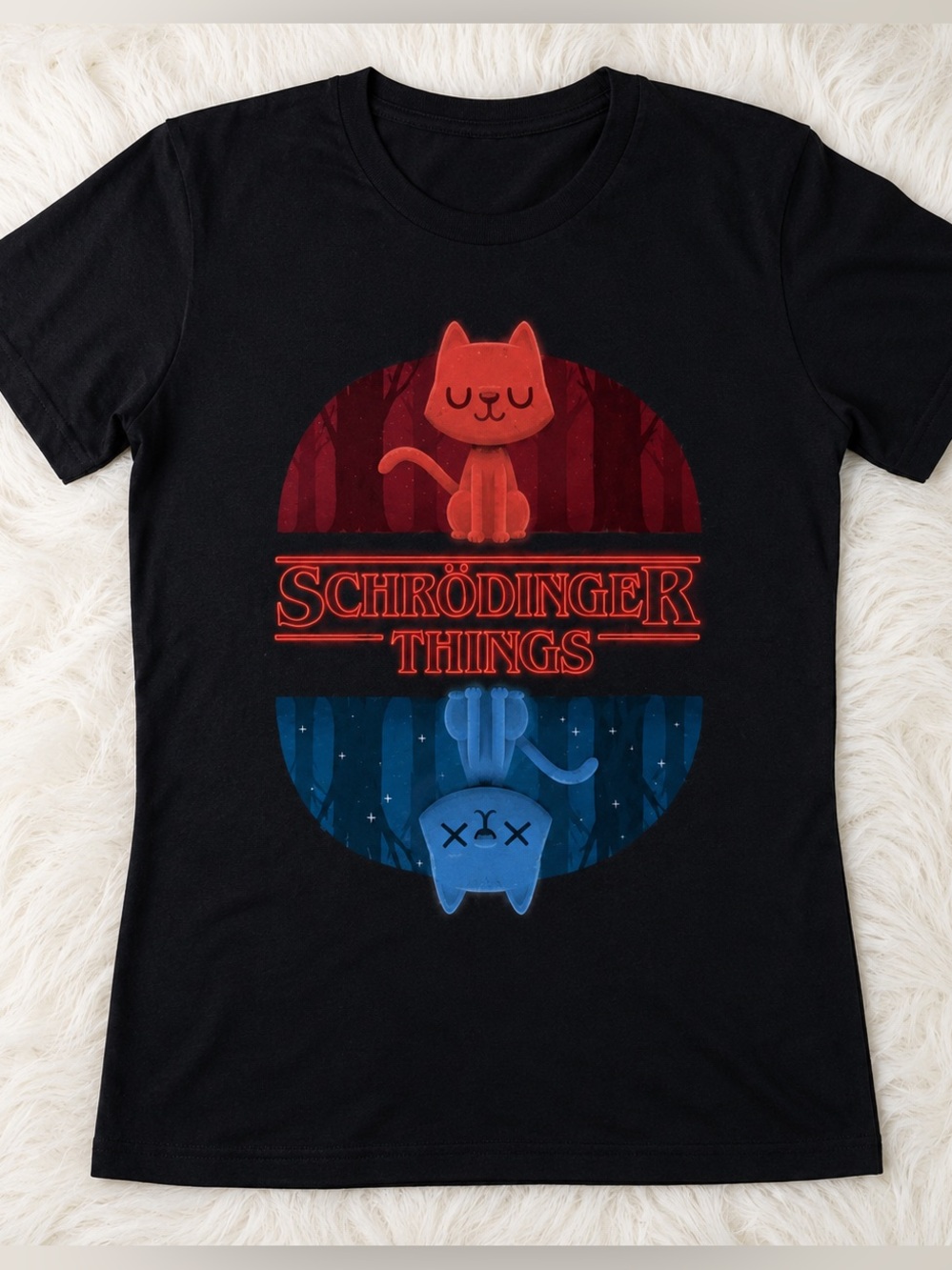 TeeFury Schrödinger Things Cat Graphic Tee Stranger Things Parody Size Large